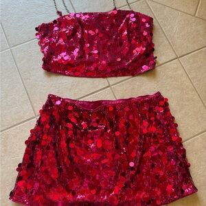 Pink Sequin Crop Top and Skirt Set